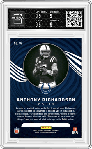 Anthony Richardson from the 2023 Panini Illusions set featuring a Trophy Collection Orange  parallel graded by Arena Club and given an overall grade of 9.5.