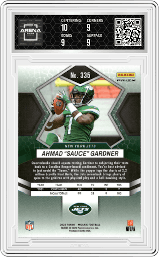 Ahmad "Sauce" Gardner from the 2022 Panini Mosaic set featuring a Pink Camo parallel graded by Arena Club and given an overall grade of 9.5.