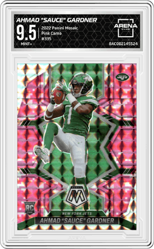 Ahmad "Sauce" Gardner from the 2022 Panini Mosaic set featuring a Pink Camo parallel graded by Arena Club and given an overall grade of 9.5.