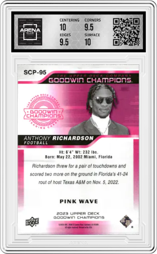 Anthony Richardson from the 2023 Upper Deck Goodwin Champions set featuring a Pink Wave parallel graded by Arena Club and given an overall grade of 10.
