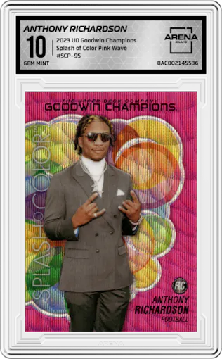 Anthony Richardson from the 2023 Upper Deck Goodwin Champions set featuring a Pink Wave parallel graded by Arena Club and given an overall grade of 10.