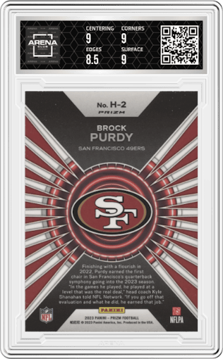 Brock Purdy from the 2023 Panini Prizm set featuring a Green Prizm parallel graded by Arena Club and given an overall grade of 9.