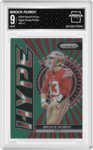 Brock Purdy from the 2023 Panini Prizm set featuring a Green Prizm parallel graded by Arena Club and given an overall grade of 9.