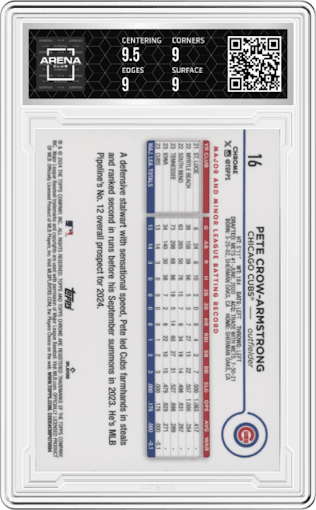 Pete Crow-Armstrong from the 2024 Topps Chrome set featuring a Negative Refractor parallel graded by Arena Club and given an overall grade of 9.