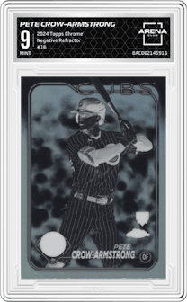 Pete Crow-Armstrong from the 2024 Topps Chrome set featuring a Negative Refractor parallel graded by Arena Club and given an overall grade of 9.