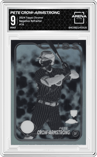 Pete Crow-Armstrong from the 2024 Topps Chrome set featuring a Negative Refractor parallel graded by Arena Club and given an overall grade of 9.