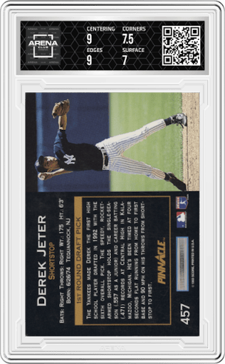 Derek Jeter from the 1993 Pinnacle set graded by Arena Club and given an overall grade of 7.5.