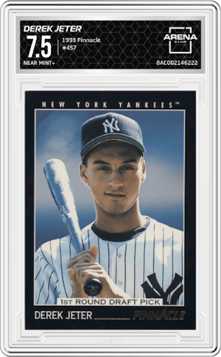 Derek Jeter from the 1993 Pinnacle set graded by Arena Club and given an overall grade of 7.5.