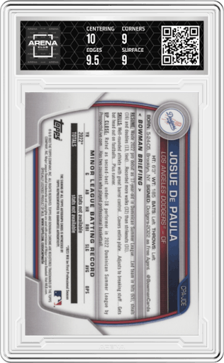 Josue De Paula from the 2023 Bowman  set graded by Arena Club and given an overall grade of 9.5.