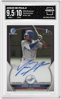 Josue De Paula from the 2023 Bowman  set graded by Arena Club and given an overall grade of 9.5.