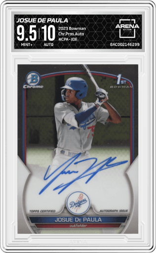 Josue De Paula from the 2023 Bowman  set graded by Arena Club and given an overall grade of 9.5.