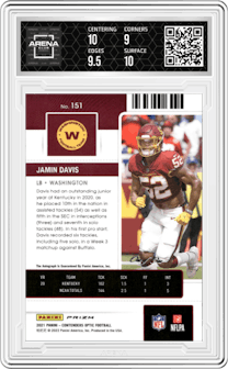 Jamin Davis from the 2021 Panini Contenders Optic set featuring a Gold Vinyl parallel graded by Arena Club and given an overall grade of 9.5.