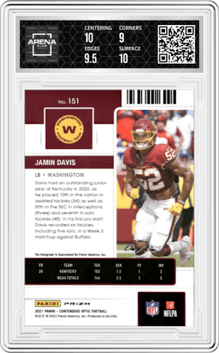 Jamin Davis from the 2021 Panini Contenders Optic set featuring a Gold Vinyl parallel graded by Arena Club and given an overall grade of 9.5.