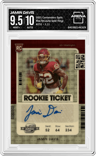 Jamin Davis from the 2021 Panini Contenders Optic set featuring a Gold Vinyl parallel graded by Arena Club and given an overall grade of 9.5.