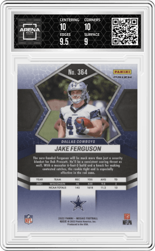 Jake Ferguson from the 2022 Panini Mosaic set featuring a Genesis parallel graded by Arena Club and given an overall grade of 9.5.