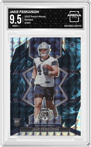 Jake Ferguson from the 2022 Panini Mosaic set featuring a Genesis parallel graded by Arena Club and given an overall grade of 9.5.