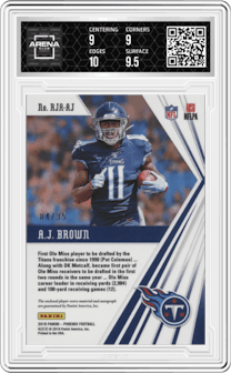 A.J. Brown from the 2019 Panini Phoenix set featuring a Orange parallel graded by Arena Club and given an overall grade of 9.5.