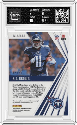 A.J. Brown from the 2019 Panini Phoenix set featuring a Orange parallel graded by Arena Club and given an overall grade of 9.5.