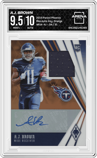A.J. Brown from the 2019 Panini Phoenix set featuring a Orange parallel graded by Arena Club and given an overall grade of 9.5.