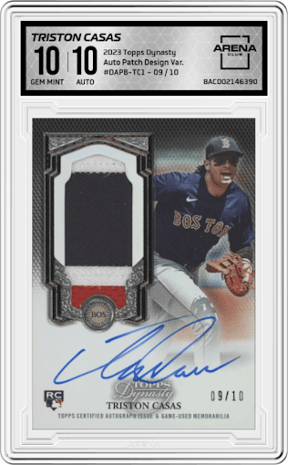 Triston Casas from the 2023 Topps Dynasty set graded by Arena Club and given an overall grade of 10.