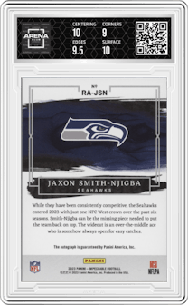 Jaxon Smith-Njigba from the 2023 Panini Impeccable set featuring a Gold parallel graded by Arena Club and given an overall grade of 9.5.