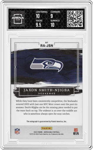 Jaxon Smith-Njigba from the 2023 Panini Impeccable set featuring a Gold parallel graded by Arena Club and given an overall grade of 9.5.