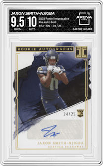 Jaxon Smith-Njigba from the 2023 Panini Impeccable set featuring a Gold parallel graded by Arena Club and given an overall grade of 9.5.