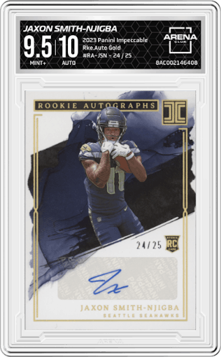 Jaxon Smith-Njigba from the 2023 Panini Impeccable set featuring a Gold parallel graded by Arena Club and given an overall grade of 9.5.