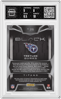 Treylon Burks from the 2022 Panini Black set featuring a Silver parallel graded by Arena Club and given an overall grade of 8.5.