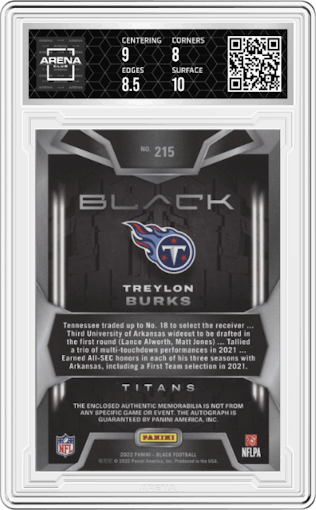Treylon Burks from the 2022 Panini Black set featuring a Silver parallel graded by Arena Club and given an overall grade of 8.5.