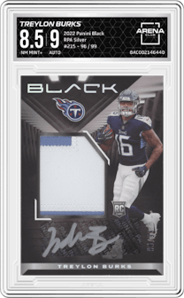 Treylon Burks from the 2022 Panini Black set featuring a Silver parallel graded by Arena Club and given an overall grade of 8.5.