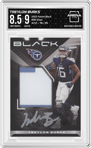 Treylon Burks from the 2022 Panini Black set featuring a Silver parallel graded by Arena Club and given an overall grade of 8.5.
