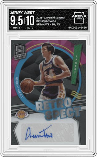 Jerry West from the 2021-22 Panini Spectra set graded by Arena Club and given an overall grade of 9.5.