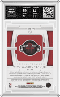 TyTy Washington Jr. from the 2022-23 Panini National Treasures set featuring a Super Prime  parallel graded by Arena Club and given an overall grade of 9.