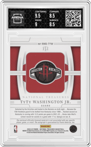 TyTy Washington Jr. from the 2022-23 Panini National Treasures set featuring a Super Prime  parallel graded by Arena Club and given an overall grade of 9.