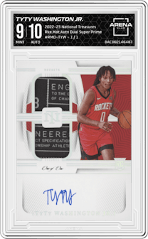 TyTy Washington Jr. from the 2022-23 Panini National Treasures set featuring a Super Prime  parallel graded by Arena Club and given an overall grade of 9.
