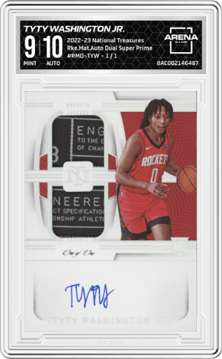 TyTy Washington Jr. from the 2022-23 Panini National Treasures set featuring a Super Prime  parallel graded by Arena Club and given an overall grade of 9.