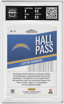 Justin Herbert from the 2023 Panini Contenders set graded by Arena Club and given an overall grade of 9.5.