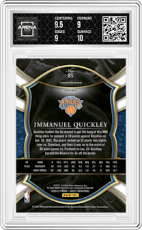 Immanuel Quickley from the 2020-21 Panini Select  set featuring a Blue White Purple Cracked Ice parallel graded by Arena Club and given an overall grade of 9.5.