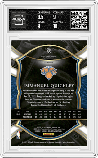 Immanuel Quickley from the 2020-21 Panini Select  set featuring a Blue White Purple Cracked Ice parallel graded by Arena Club and given an overall grade of 9.5.