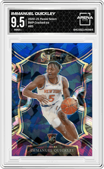 Immanuel Quickley from the 2020-21 Panini Select  set featuring a Blue White Purple Cracked Ice parallel graded by Arena Club and given an overall grade of 9.5.
