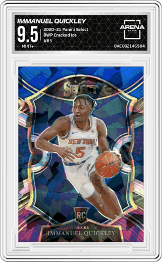 Immanuel Quickley from the 2020-21 Panini Select  set featuring a Blue White Purple Cracked Ice parallel graded by Arena Club and given an overall grade of 9.5.