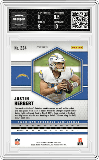 Justin Herbert from the 2021 Panini Mosaic set featuring a Reactive Yellow parallel graded by Arena Club and given an overall grade of 8.5.