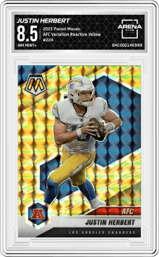 Justin Herbert from the 2021 Panini Mosaic set featuring a Reactive Yellow parallel graded by Arena Club and given an overall grade of 8.5.