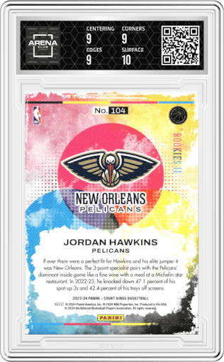 Jordan Hawkins from the 2023-24 Panini Court Kings set graded by Arena Club and given an overall grade of 9.5.
