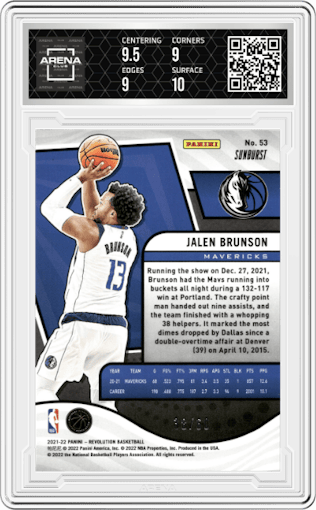 Jalen Brunson from the 2021-22 Panini Revolution  set featuring a Sunburst parallel graded by Arena Club and given an overall grade of 9.5.