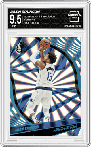 Jalen Brunson from the 2021-22 Panini Revolution  set featuring a Sunburst parallel graded by Arena Club and given an overall grade of 9.5.