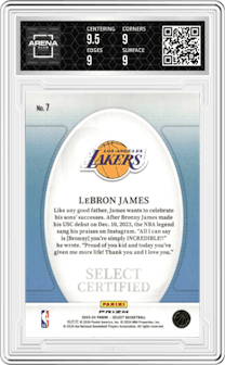 LeBron James from the 2023-24 Panini Select  set featuring a Green Prizm parallel graded by Arena Club and given an overall grade of 9.