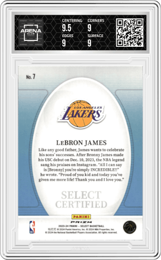 LeBron James from the 2023-24 Panini Select  set featuring a Green Prizm parallel graded by Arena Club and given an overall grade of 9.