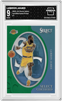 LeBron James from the 2023-24 Panini Select  set featuring a Green Prizm parallel graded by Arena Club and given an overall grade of 9.